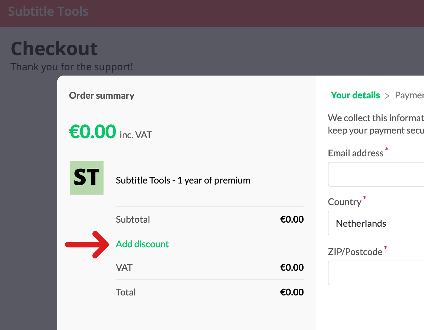 Arrow pointing to the add discount button