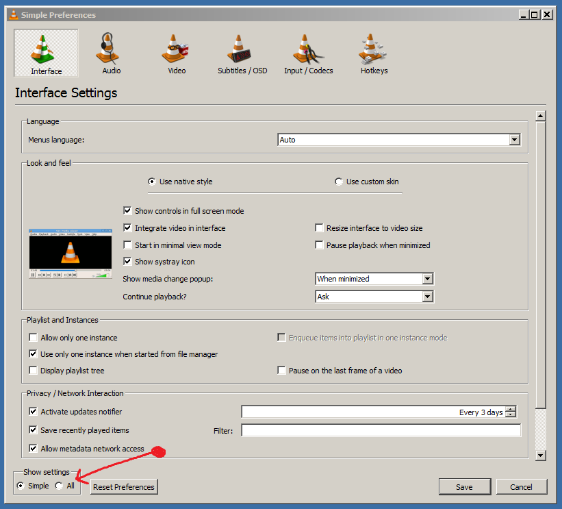 Changing font in VLC step 2: show all settings
