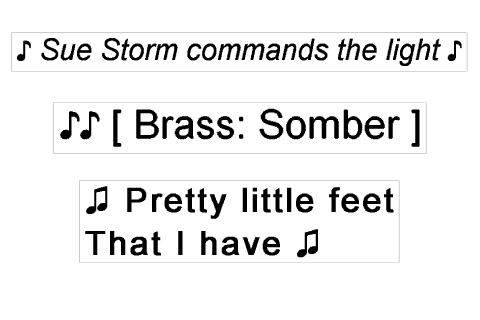 Three subtitle pictures with music notes: ♪ Sue Storm commands the light ♪, ♪♪ [ Brass: Somber ], and lyrics over two lines with a note at the start and end